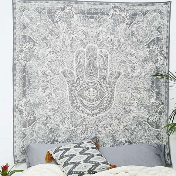 Full/Queen HAMSA Grey White Tapestry Wall Hanging Bedding Bohemian Boho Style - Picture 10 of 10